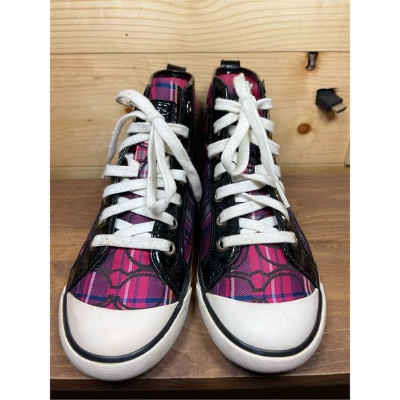Coach Britney Women's Pink, Purple & Blue Monogram Hi Top Sneakers with Buckle A - Picture 3 of 12